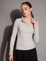 Women Grey Melange Rib Polo Neck Top-SFTOPS42070