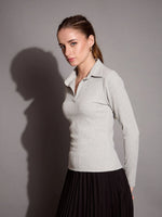 Women Grey Melange Rib Polo Neck Top-SFTOPS42070