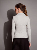 Women Grey Melange Rib Polo Neck Top-SFTOPS42070