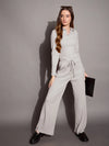 Women Grey Melange Rib Polo Neck Top With Drawstring Pants-SFTOPS42070_SFPANT50885