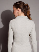 Women Grey Melange Rib Polo Neck Top With Drawstring Pants-SFTOPS42070_SFPANT50885