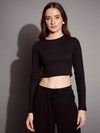 Women Black Rib Full Sleeve Crop Top-SFTOPS42071