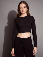 Women Black Rib Full Sleeve Crop Top-SFTOPS42071