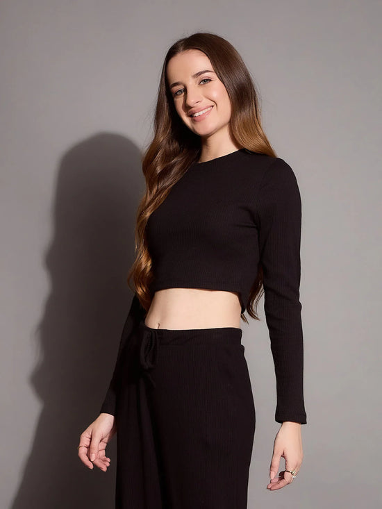 Women Black Rib Full Sleeve Crop Top-SFTOPS42071