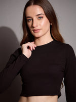 Women Black Rib Full Sleeve Crop Top-SFTOPS42071