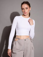 Women White Rib Full Sleeve Crop Top-SFTOPS42073