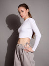 Women White Rib Full Sleeve Crop Top-SFTOPS42073