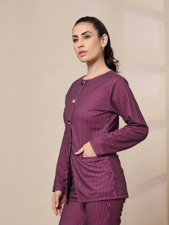 Women Maroon Stripe Round Neck Full Sleeve Top-SFTOPS42078