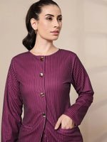 Women Maroon Stripe Round Neck Full Sleeve Top-SFTOPS42078