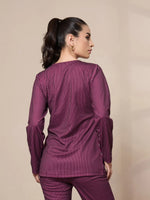 Women Maroon Stripe Round Neck Full Sleeve Top-SFTOPS42078