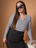 Women Black & White Rib Stripe Full Sleeves Top-SFTOPS42083