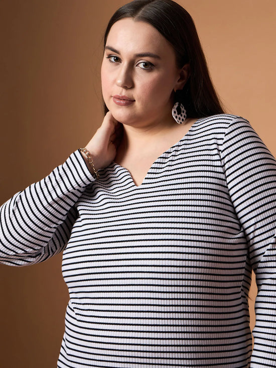 Women Black & White Rib Stripe Full Sleeves Top-SFTOPS42083