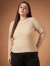 Women Beige Rib Full Sleeves Top-SFTOPS42084