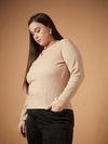 Women Beige Rib Full Sleeves Top-SFTOPS42084