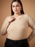 Women Beige Rib Full Sleeves Top-SFTOPS42084