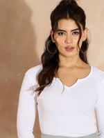 Women White Rib Drop V-Neck Top-SFTOPS42095