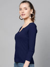 Women Navy Blue Rib Drop V-Neck Top-SFTOPS42096