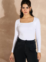 Women White Rib Square Neck Full Sleeves Top-SFTOPS42103