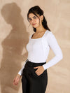 Women White Rib Square Neck Full Sleeves Top-SFTOPS42103