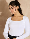 Women White Rib Square Neck Full Sleeves Top-SFTOPS42103