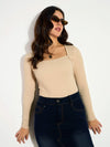 Women Beige Rib Square Neck Full Sleeves Top-SFTOPS42104