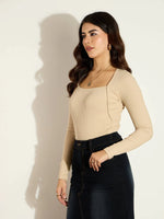 Women Beige Rib Square Neck Full Sleeves Top-SFTOPS42104