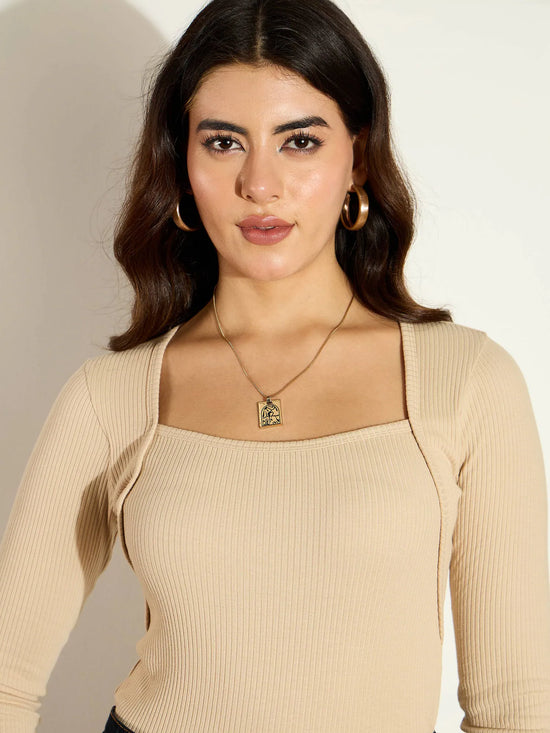 Women Beige Rib Square Neck Full Sleeves Top-SFTOPS42104