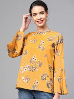 Mustard Floral Pleated Sleeve Hem Top