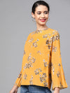 Mustard Floral Pleated Sleeve Hem Top