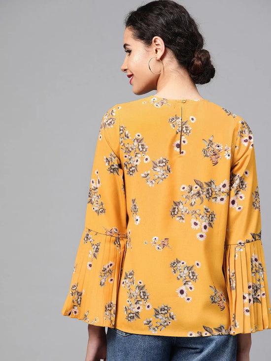 Mustard Floral Pleated Sleeve Hem Top