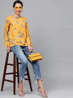 Mustard Floral Pleated Sleeve Hem Top