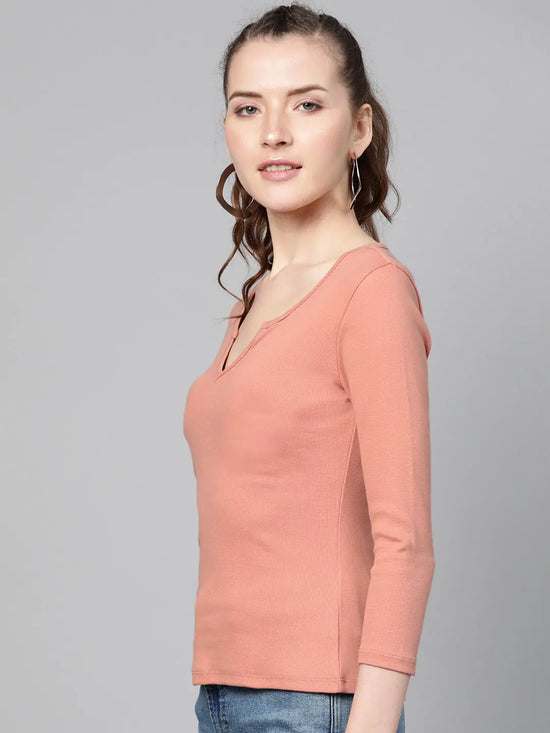 Peach Rib V-Neck T-Shirt