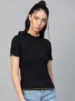 Black Rib Contrast Stitch High Neck Top