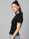 Black Rib Contrast Stitch High Neck Top