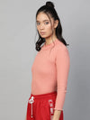 Peach Rib High Neck Full Sleeve Top