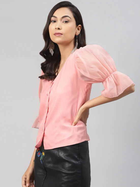 Pastel Pink Front Button Puff Sleeve Top