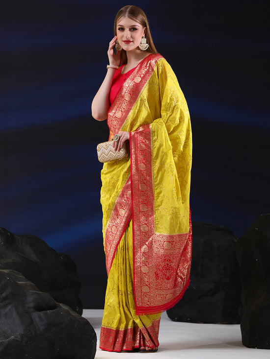 Saree Mall Women's  Blend Lemon Yellow Woven Design Designer Saree With Blouse Piece-SGITRIUS01D