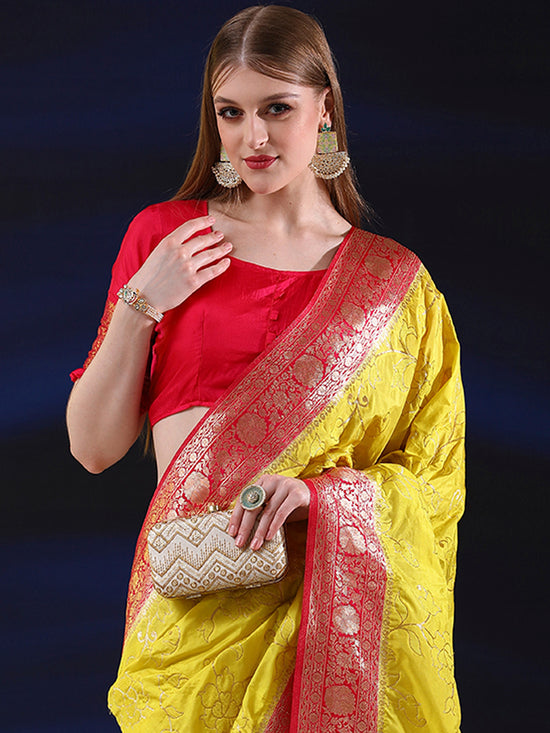 Saree Mall Women's  Blend Lemon Yellow Woven Design Designer Saree With Blouse Piece-SGITRIUS01D