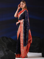 Saree Mall Women's  Blend Navy Blue Woven Design Designer Saree With Blouse Piece-SGITRIUS01E