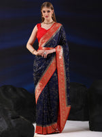 Saree Mall Women's  Blend Navy Blue Woven Design Designer Saree With Blouse Piece-SGITRIUS01E