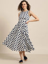 Navy Polka Deep Cut Sleeveless Dress