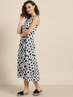 Navy Polka Deep Cut Sleeveless Dress