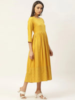 Mustard Schiffli Gathered Midi Dress