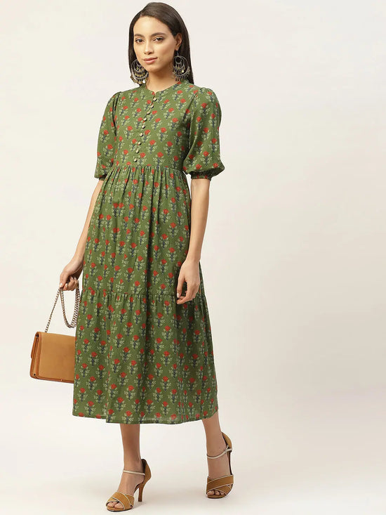 Green Floral Tiered Midi Dress