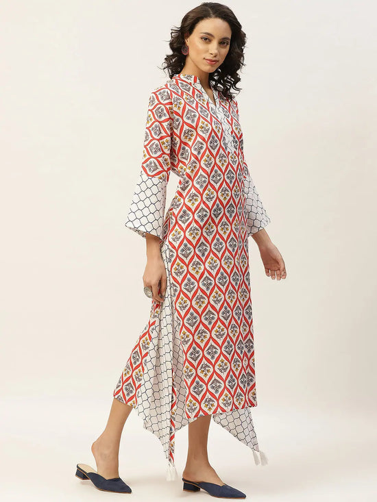 Red Floral Neck Band Kaftan