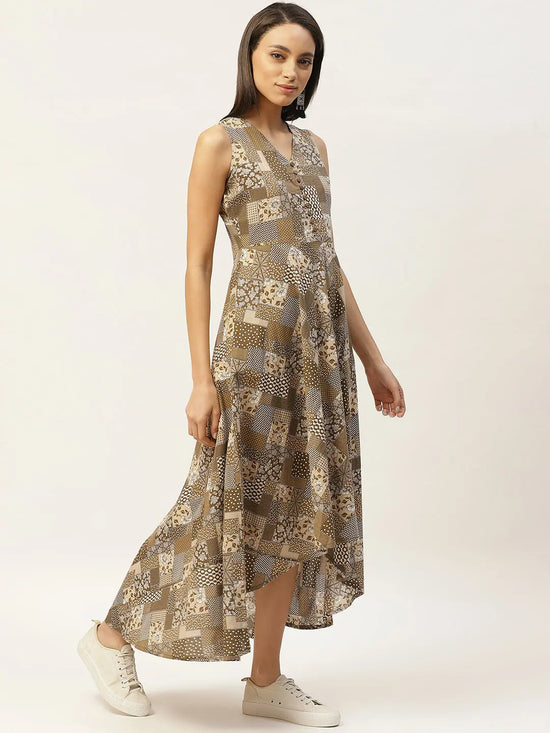 Brown Floral High Low Flared Maxi Dress