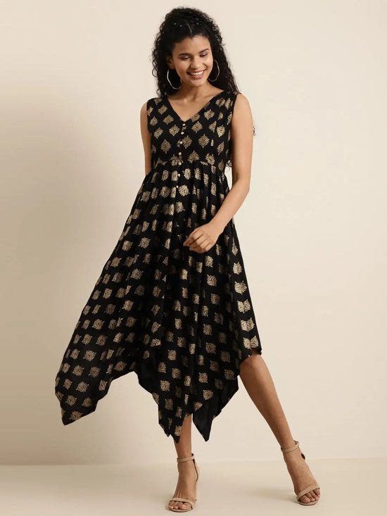 Black Floral Foil Print Asymmetric Dress