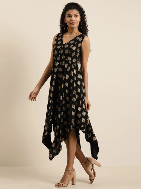 Black Floral Foil Print Asymmetric Dress