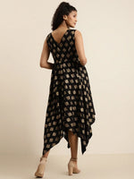 Black Floral Foil Print Asymmetric Dress