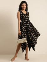 Black Floral Foil Print Asymmetric Dress